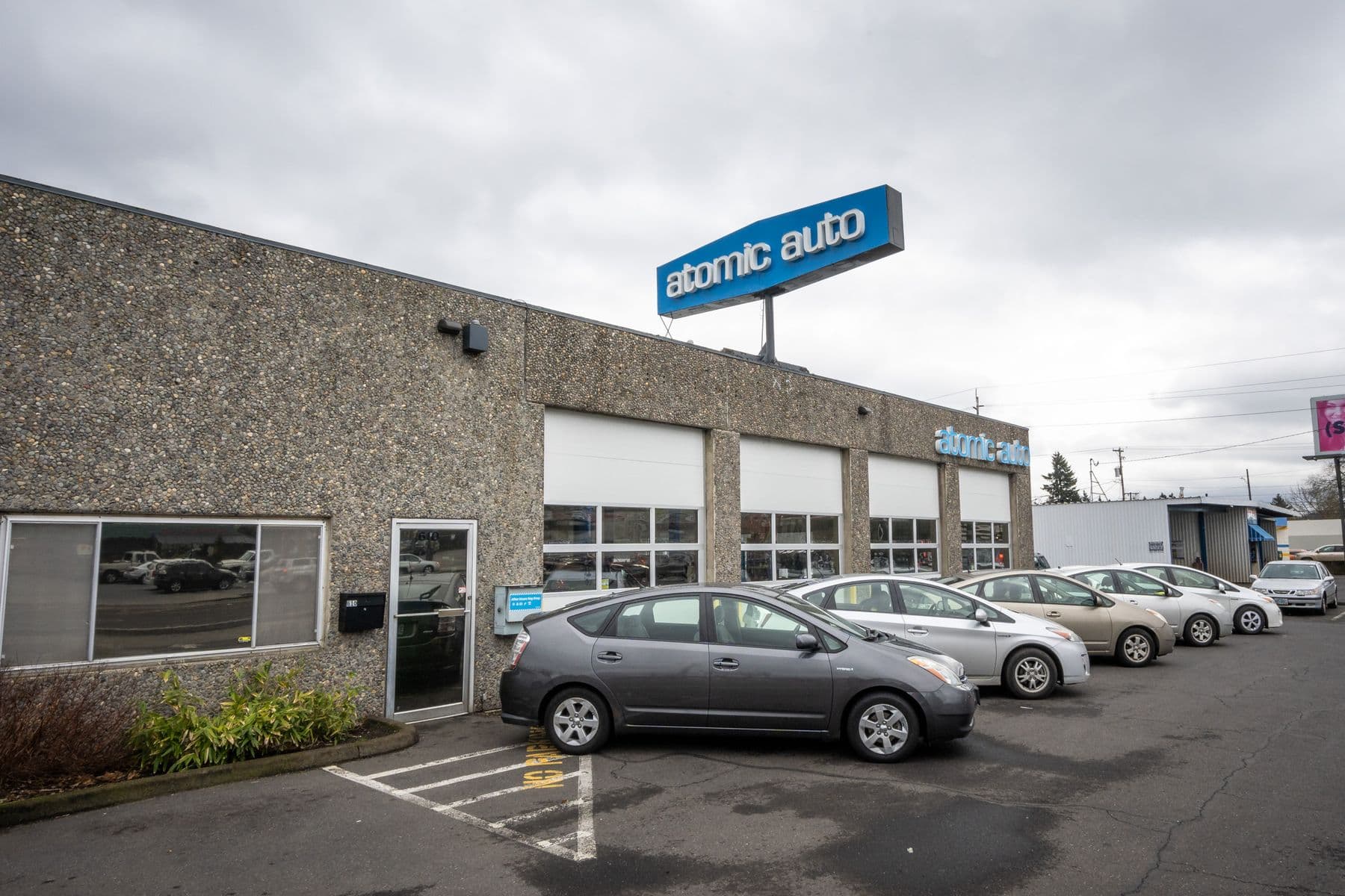 The front door of Atomic Auto on NE 102nd Ave