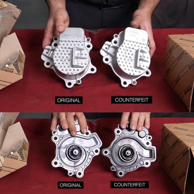 Side-by-side comparison of a genuine Toyota electric water pump and a counterfeit copy