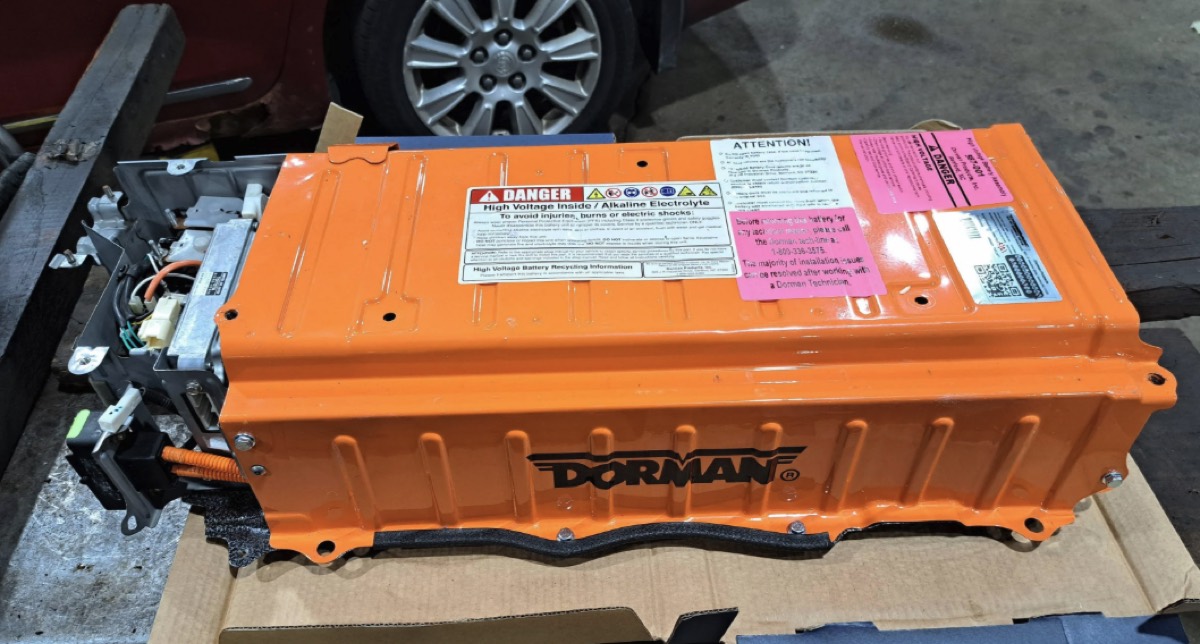 Bright orange Dorman remanufactured Toyota Prius hybrid battery, part 587-001