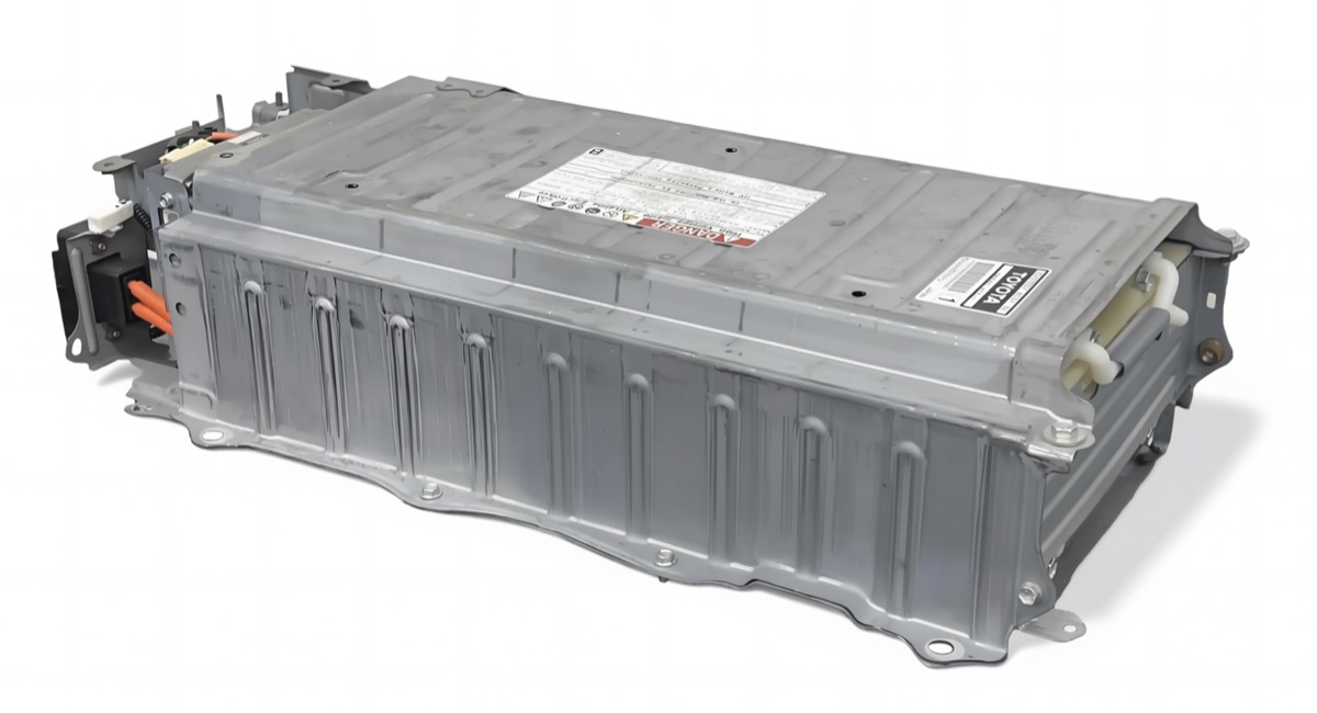 Toyota Prius hybrid battery top cover showing a single prominent white label, typical of an original factory pack