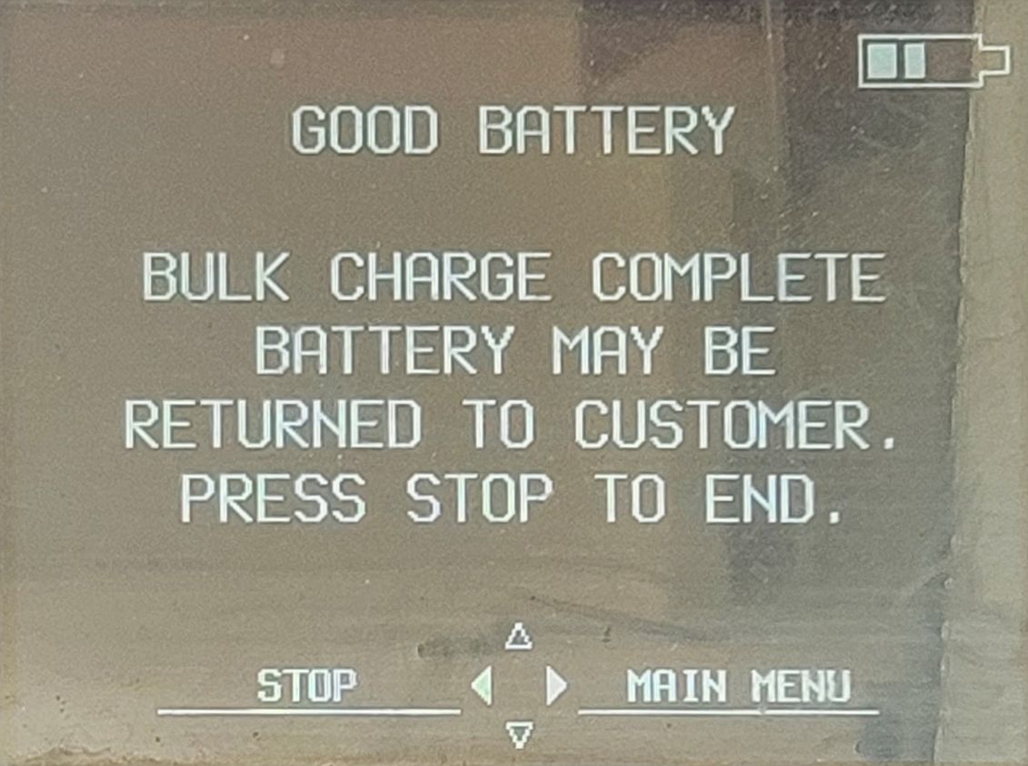 Battery tester reading GOOD BATTERY after charging the Prius 12-volt battery